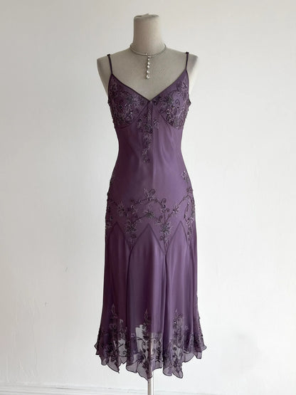 Vintage Purple Prom Dress Straps Sheath Chiffon Beaded Long Evening Dress ED09514