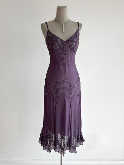 Vintage Purple Prom Dress Straps Sheath Chiffon Beaded Long Evening Dress ED09514