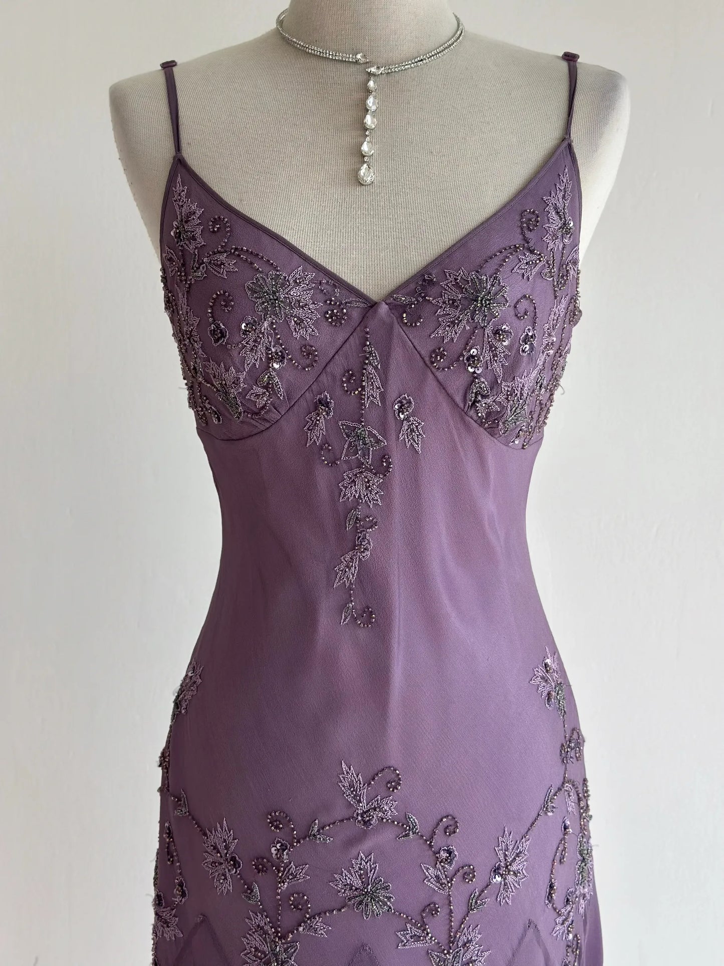 Vintage Purple Prom Dress Straps Sheath Chiffon Beaded Long Evening Dress ED09514