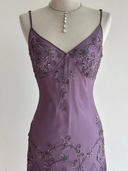 Vintage Purple Prom Dress Straps Sheath Chiffon Beaded Long Evening Dress ED09514