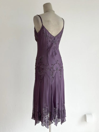 Vintage Purple Prom Dress Straps Sheath Chiffon Beaded Long Evening Dress ED09514