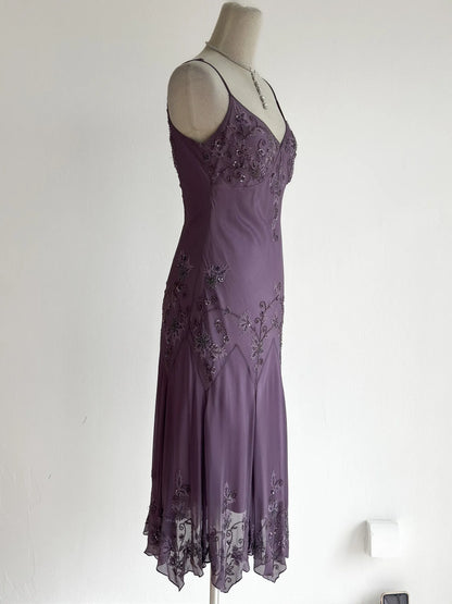 Vintage Purple Prom Dress Straps Sheath Chiffon Beaded Long Evening Dress ED09514