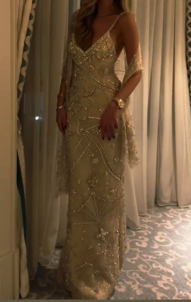 Robe de soirée longue élégante champagne avec bretelles en fourreau de mousseline de soie perlée ED09516