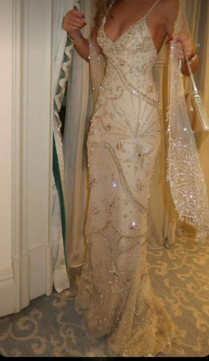 Robe de soirée longue élégante champagne avec bretelles en fourreau de mousseline de soie perlée ED09516