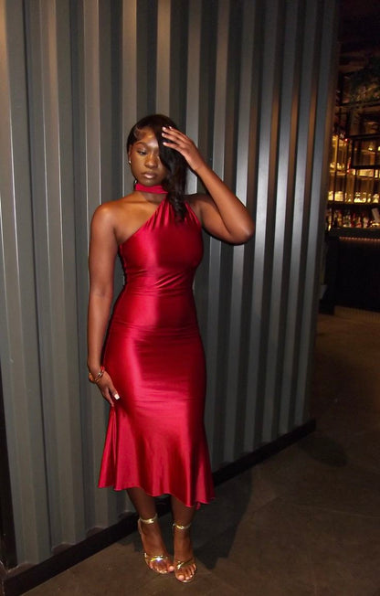 Chic Burgundy Prom Dress Halter Sheath Satin Long Evening Dress ED09519