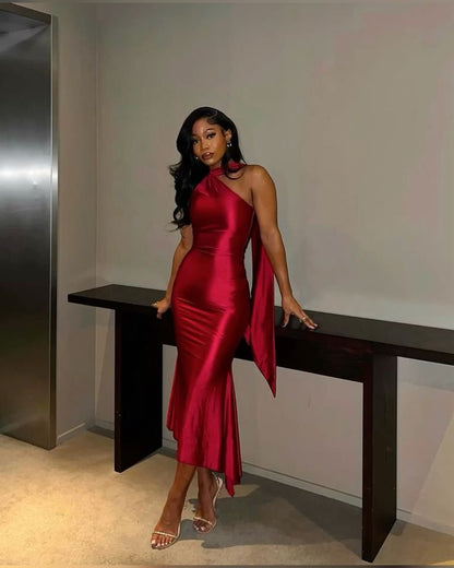 Chic Burgundy Prom Dress Halter Sheath Satin Long Evening Dress ED09519