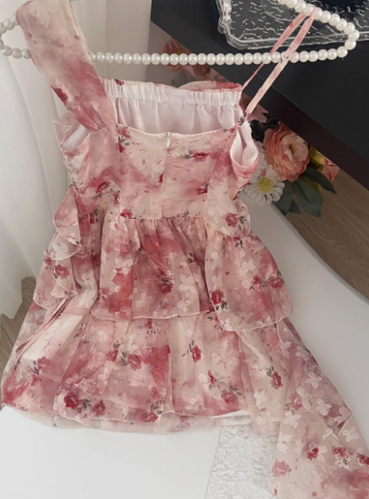 Unregelmäßiges rosa Blumen-Hosenträgerkleid ED0951
