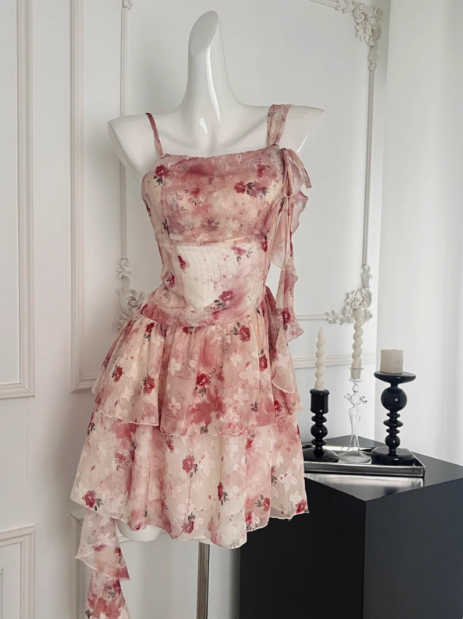 Unregelmäßiges rosa Blumen-Hosenträgerkleid ED0951