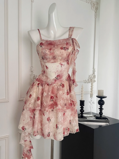 Unregelmäßiges rosa Blumen-Hosenträgerkleid ED0951