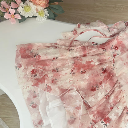 Unregelmäßiges rosa Blumen-Hosenträgerkleid ED0951