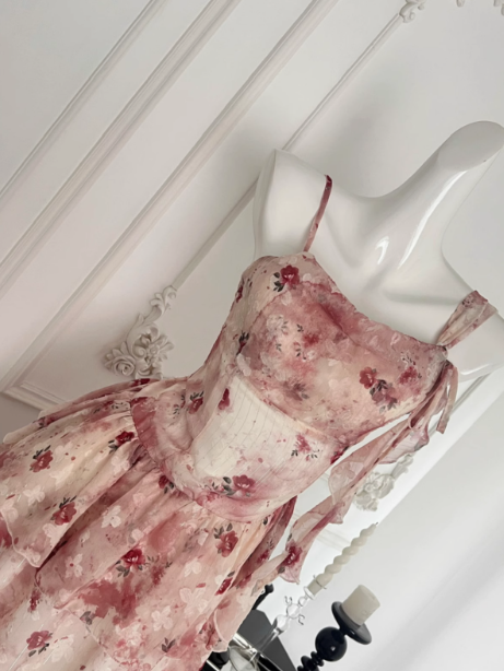 Unregelmäßiges rosa Blumen-Hosenträgerkleid ED0951