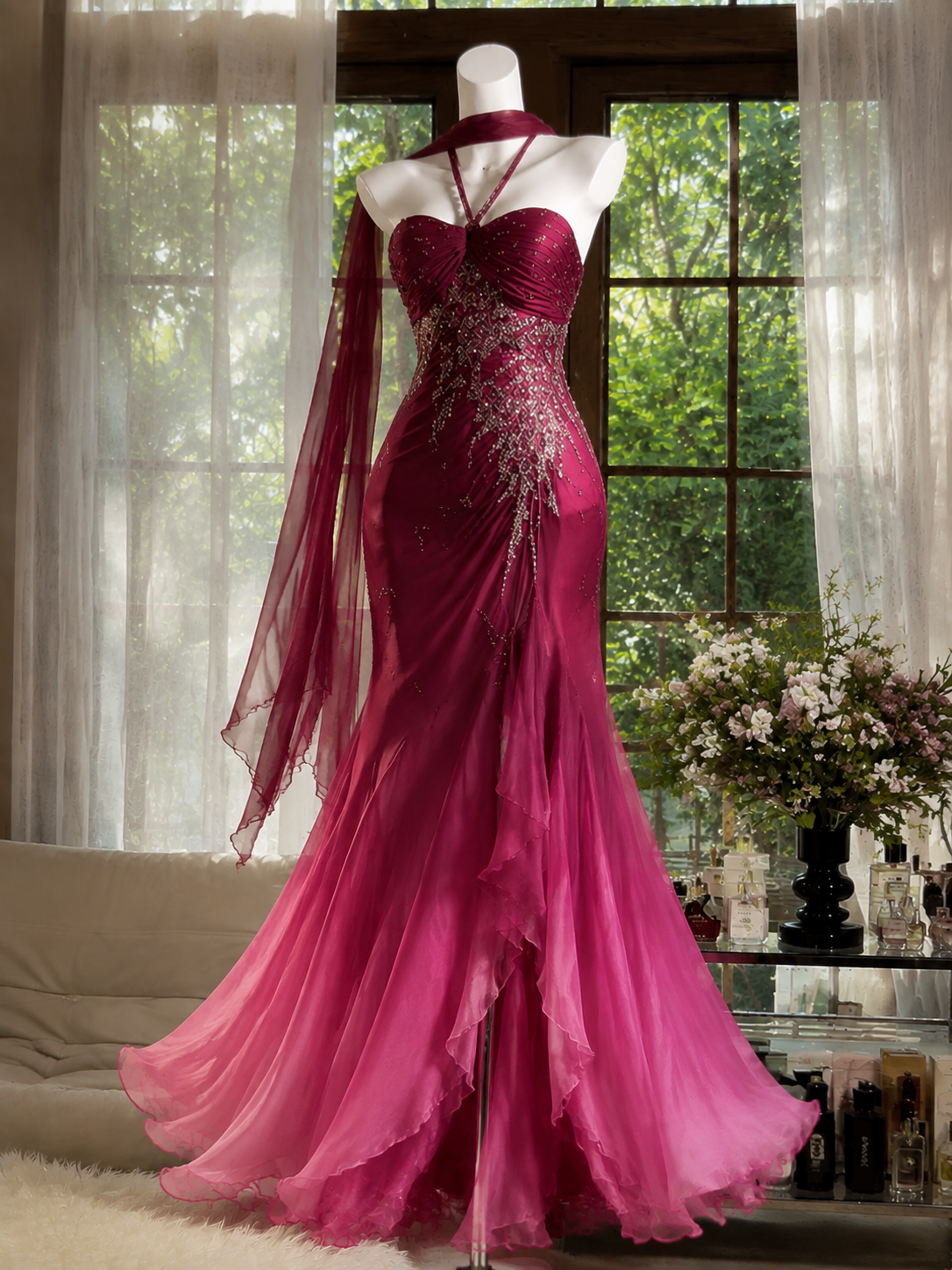 Chic Burgundy Prom Dress Halter Sheath Beaded Chiffon Long Evening Dress ED09520