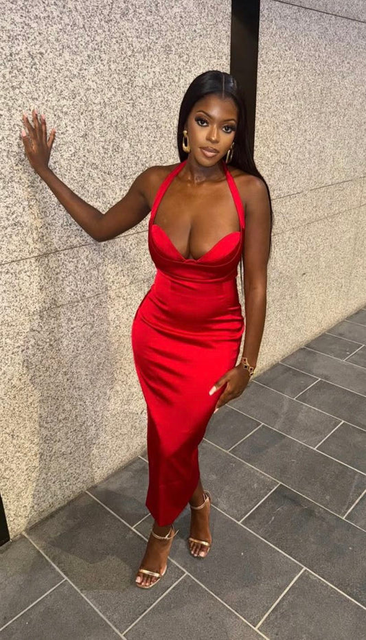 Chic Burgundy Prom Dress Straps Sheath Satin Long Evening Dress ED09521