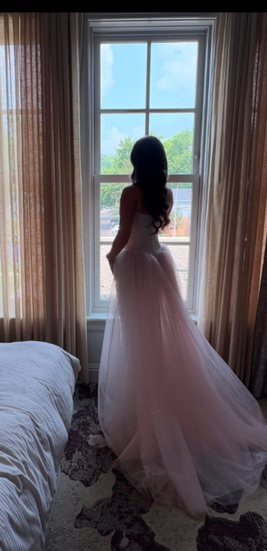 Chic Pink Prom Dress Strapless Sheath Tulle Long Evening Dress ED09522