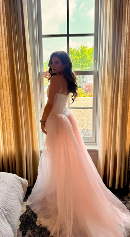 Chic Pink Prom Dress Strapless Sheath Tulle Long Evening Dress ED09522