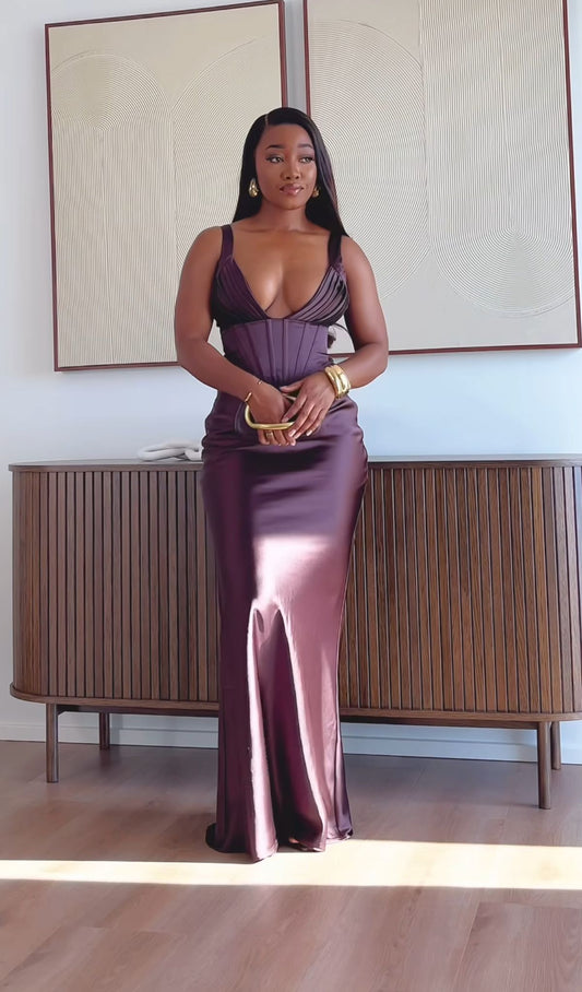 Fashion Grape Prom Dress Halter Sheath Satin Long Evening Dress ED09547
