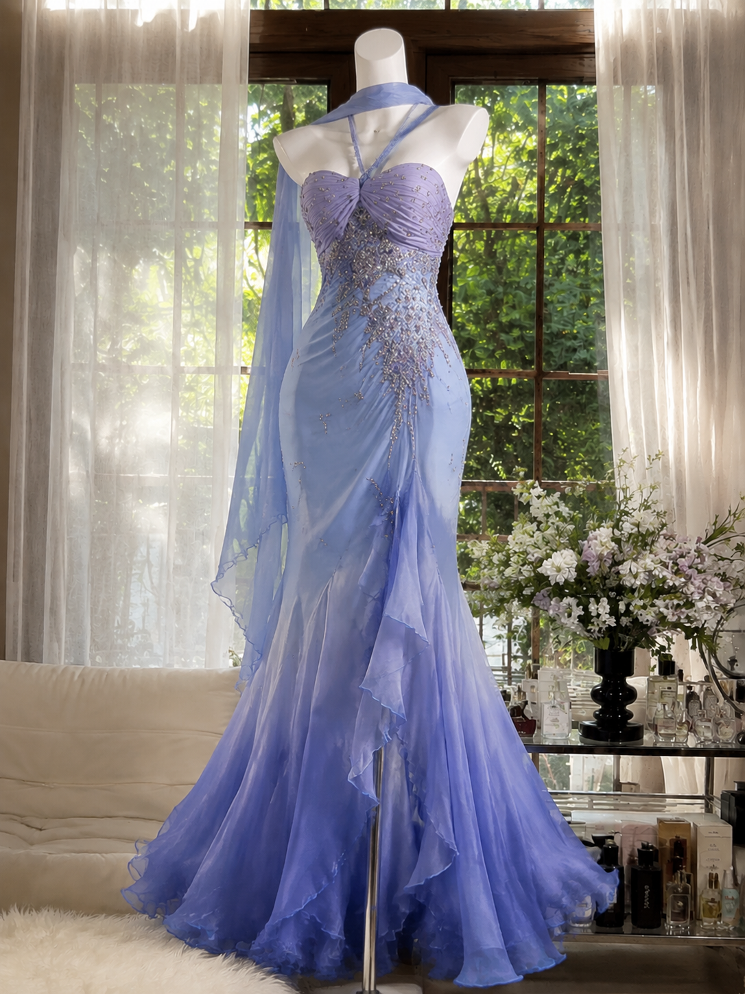 Fashion Blue Prom Dress Halter Sheath Chiffon Beaded Long Evening Dress ED09548