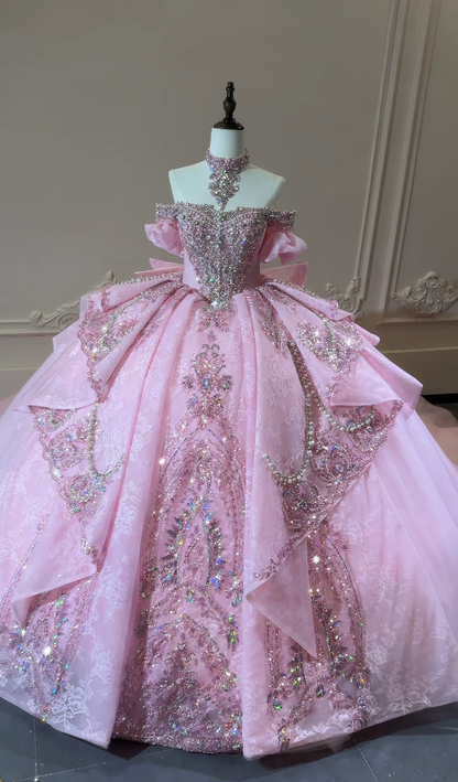 Gorgeous Off-shoulder Pink Quincenaera Dress Tulle Applique Ball Gown Sweet 16 Dress ED09549
