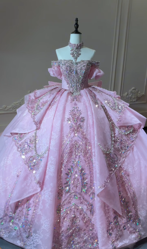 Gorgeous Off-shoulder Pink Quincenaera Dress Tulle Applique Ball Gown Sweet 16 Dress ED09549