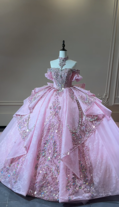 Gorgeous Off-shoulder Pink Quincenaera Dress Tulle Applique Ball Gown Sweet 16 Dress ED09549