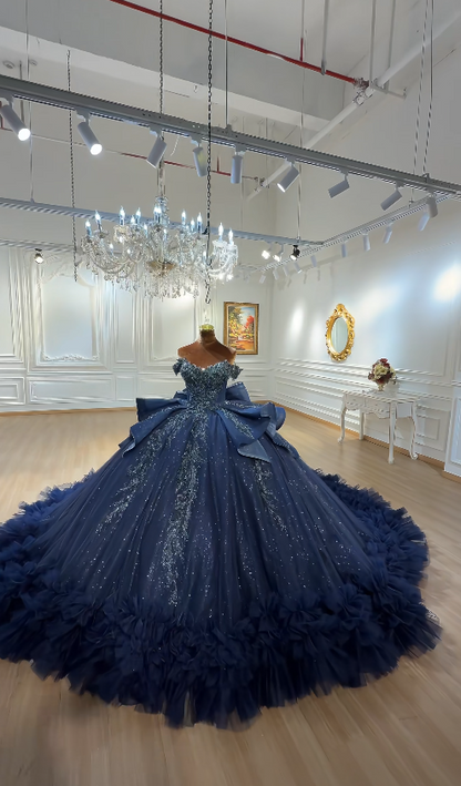 Magnifique Robe Quinceanera Bleue Épaules Dénudées, Robe de Bal en Tulle Appliqué, Robe de Soirée 16 Ans ED09550