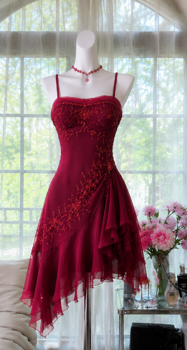 Vintage Burgundy Short Homecoming Dress Straps A-line Dress for Party Beaded Chiffon Birthday Dress ED09552