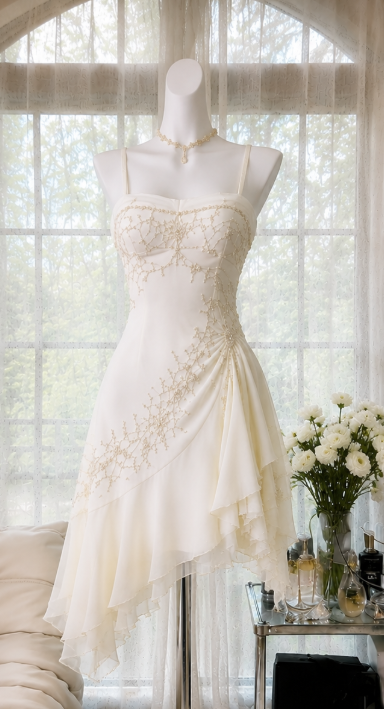 Vintage Elfenbein kurzes Homecoming-Kleid Träger A-Linie Kleid für Party Perlen Chiffon Geburtstagskleid ED09556