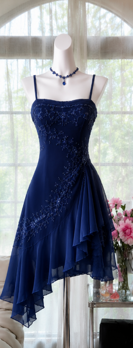 Vintage Navy Blue Short Homecoming Dress Straps A-line Dress for Party Beaded Chiffon Birthday Dress ED09557