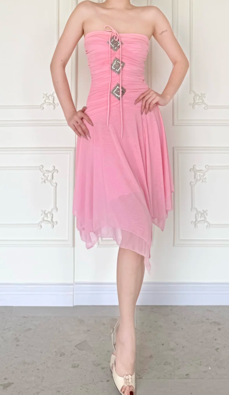 Vintage Pink Short Homecoming Dress Strapless Sheath Dress for Party Chiffon Birthday Dress ED09559