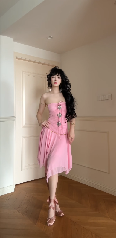 Vintage Pink Short Homecoming Dress Strapless Sheath Dress for Party Chiffon Birthday Dress ED09559