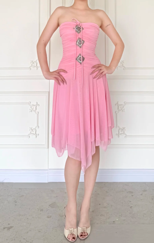 Vintage Pink Short Homecoming Dress Strapless Sheath Dress for Party Chiffon Birthday Dress ED09559