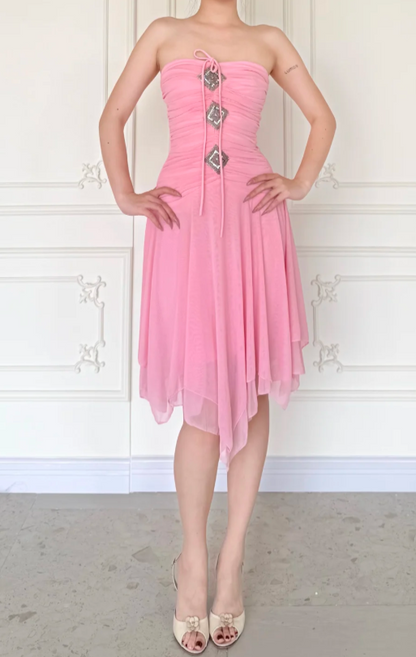 Vintage Pink Short Homecoming Dress Strapless Sheath Dress for Party Chiffon Birthday Dress ED09559