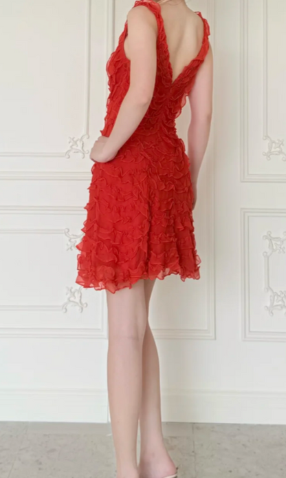 Vintage Red Short Homecoming Dress Straps Sheath Dress for Party Chiffon Birthday Dress ED09561