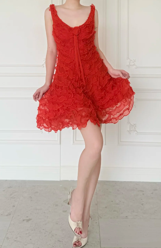 Vintage Red Short Homecoming Dress Straps Sheath Dress for Party Chiffon Birthday Dress ED09561