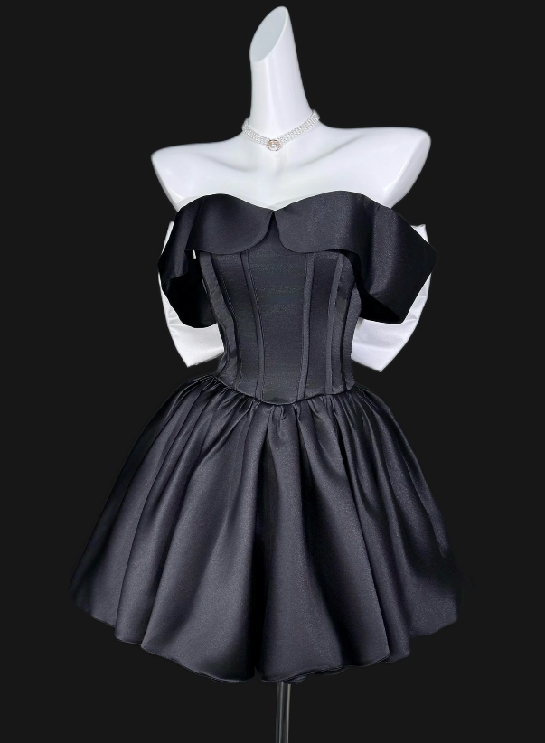 Chic Black Short Homecoming Dress Off-shoulder A-Line Dress for Party Satin Birthday Dress ED09563