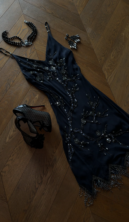 Robe de bal courte noire chic à bretelles fourreau pour soirée, robe d'anniversaire en mousselle perlée ED09566