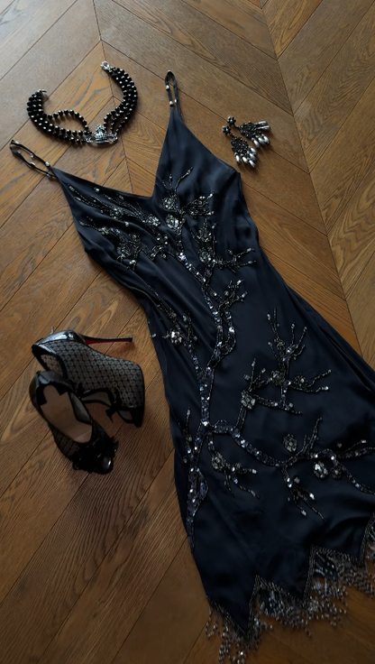 Robe de bal courte noire chic à bretelles fourreau pour soirée, robe d'anniversaire en mousselle perlée ED09566