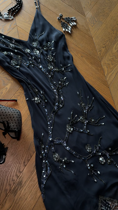 Robe de bal courte noire chic à bretelles fourreau pour soirée, robe d'anniversaire en mousselle perlée ED09566