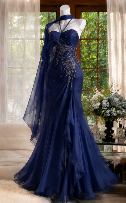 Robe de bal longue chic vert paon fourreau à col licou en mousseline perlée ED09571