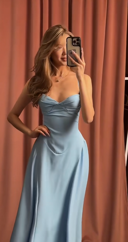 Chic Blue Prom Dress Halter Sheath Chiffon Long Prom Dress ED09575