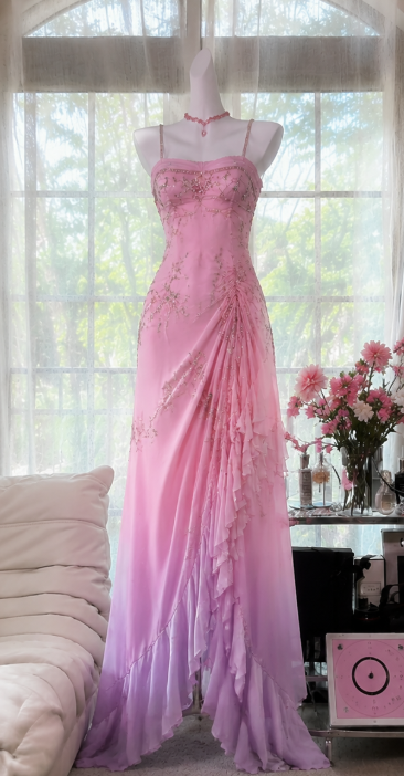 Robe de bal rose chic à bretelles fourreau perlé mousseline longue robe de bal ED09578