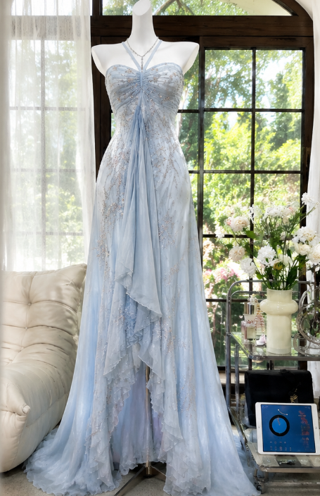 Robe de bal chic violet clair, fourreau, dos nu, perles, mousseline, longue robe de bal ED09579