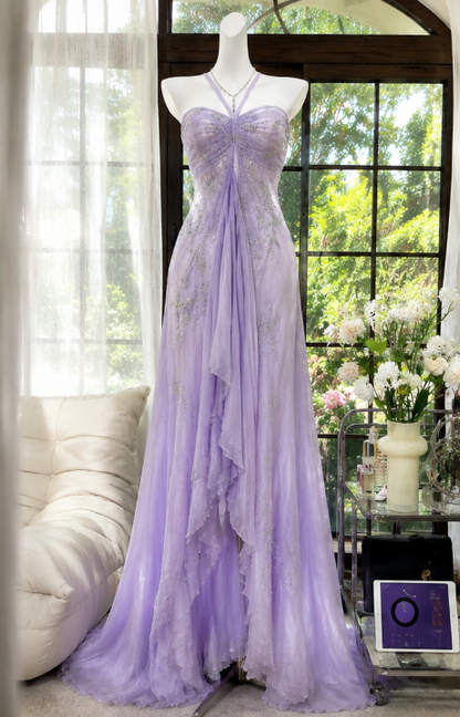 Robe de bal chic violet clair, fourreau, dos nu, perles, mousseline, longue robe de bal ED09579