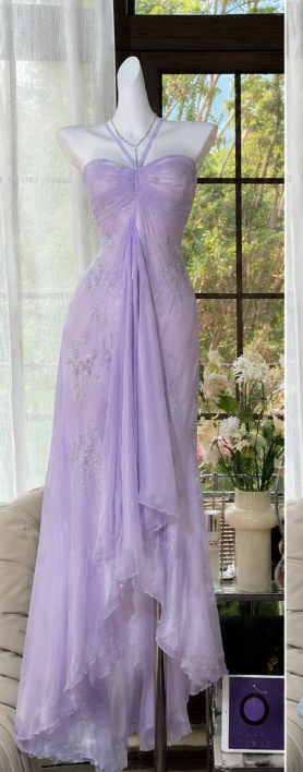 Robe de bal chic violet clair, fourreau dos nu en mousseline perlée, longue robe de bal ED09580