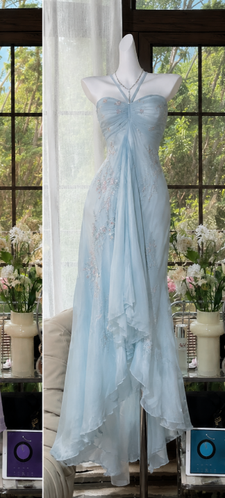 Robe de bal chic violet clair, fourreau dos nu en mousseline perlée, longue robe de bal ED09580