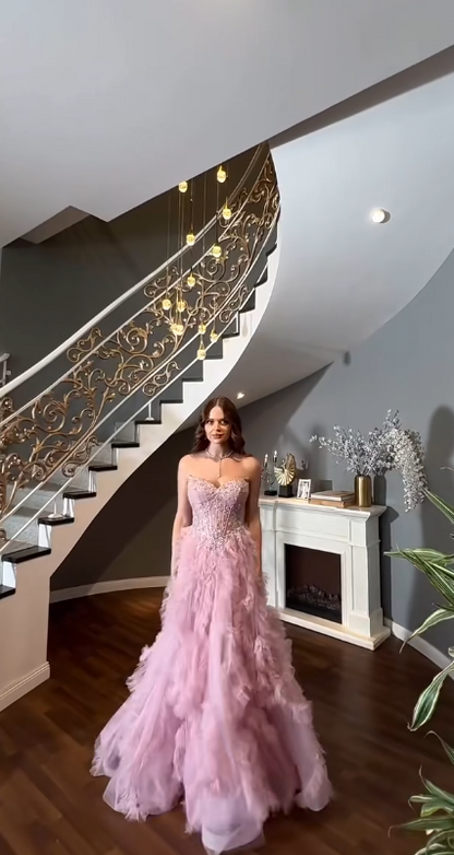 Élégante Robe de Bal Rose Cœur A-Line en Tulle Longue Robe de Bal ED09582