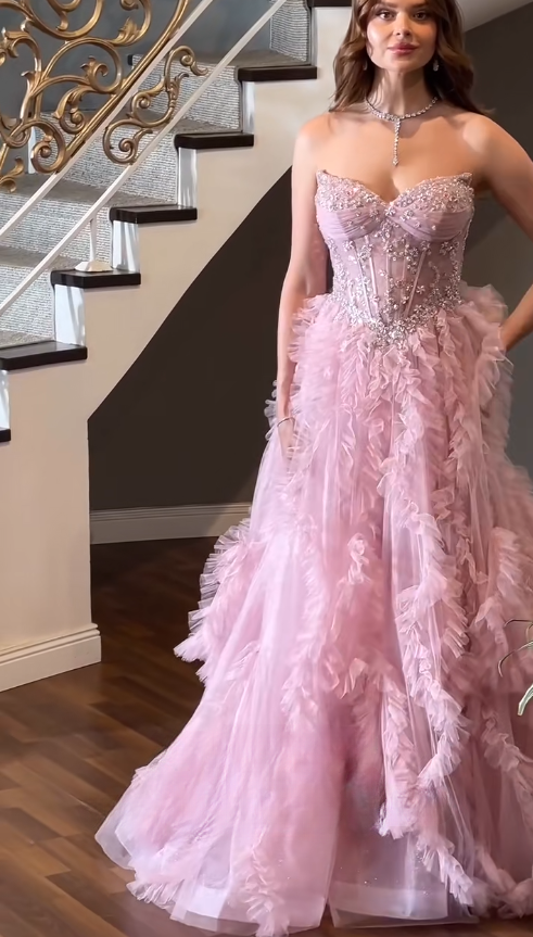 Élégante Robe de Bal Rose Cœur A-Line en Tulle Longue Robe de Bal ED09582