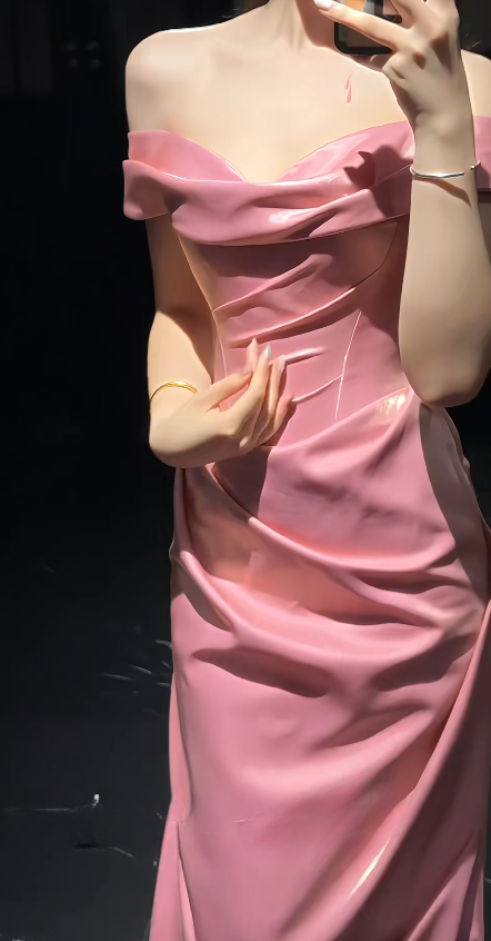 Robe de Bal Rose Chic Épaules Dénudées Fourreau Satin Longue Robe de Bal ED09583