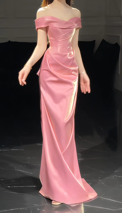 Robe de Bal Rose Chic Épaules Dénudées Fourreau Satin Longue Robe de Bal ED09583