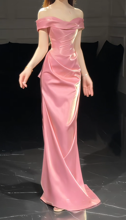 Robe de Bal Rose Chic Épaules Dénudées Fourreau Satin Longue Robe de Bal ED09583